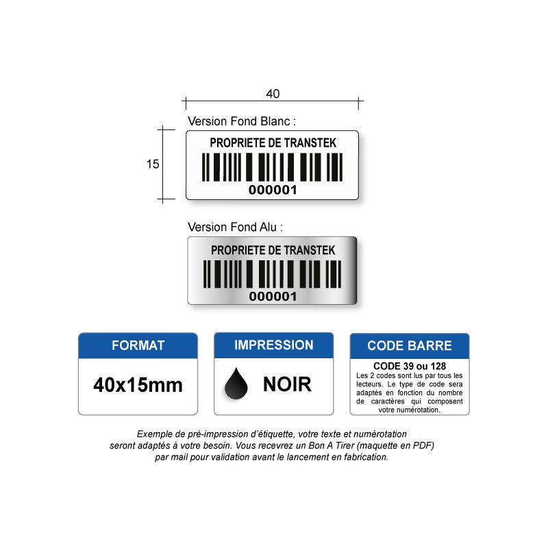 Etiquette d'inventaire polyester 40x15mm avec code-barre