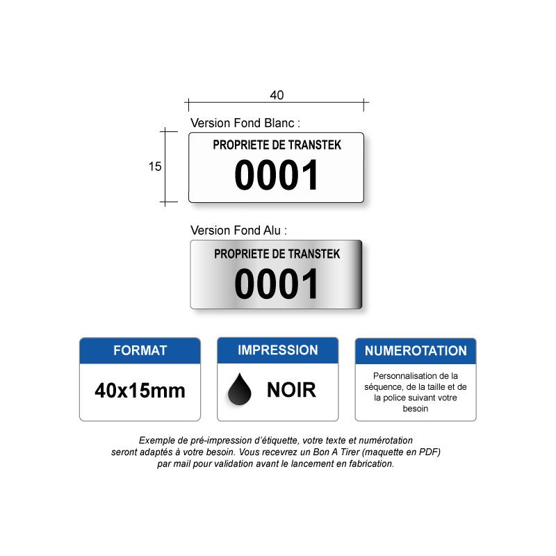 Etiquette d'inventaire polyester 40x15mm avec numérotation