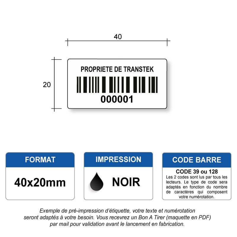 Etiquette d'inventaire papier 40x20mm code-barre