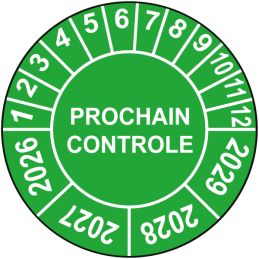 Pastille calendrier Ø15 à 50mm - PROCHAIN CONTROLE - Fond Vert - Années 2026 à 2029