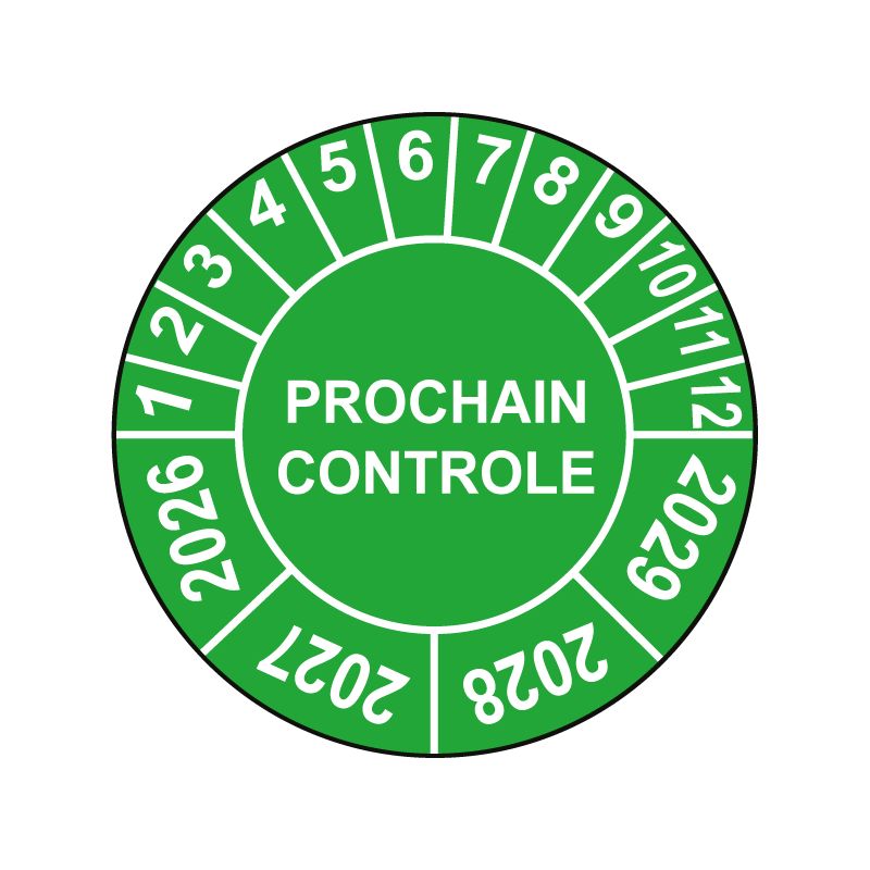 Pastille calendrier Ø15 à 50mm - PROCHAIN CONTROLE - Fond Vert - Années 2026 à 2029
