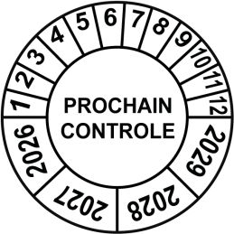 Pastille calendrier Ø15 à 50mm - PROCHAIN CONTROLE - Fond Blanc - Années 2026 à 2029