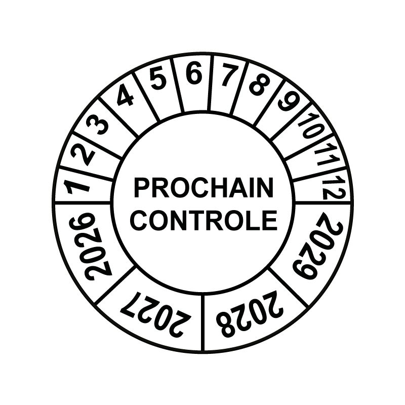 Pastille calendrier Ø15 à 50mm - PROCHAIN CONTROLE - Fond Blanc - Années 2026 à 2029