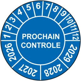 Pastille calendrier Ø15 à 50mm - PROCHAIN CONTROLE - Fond Bleu - Années 2026 à 2029