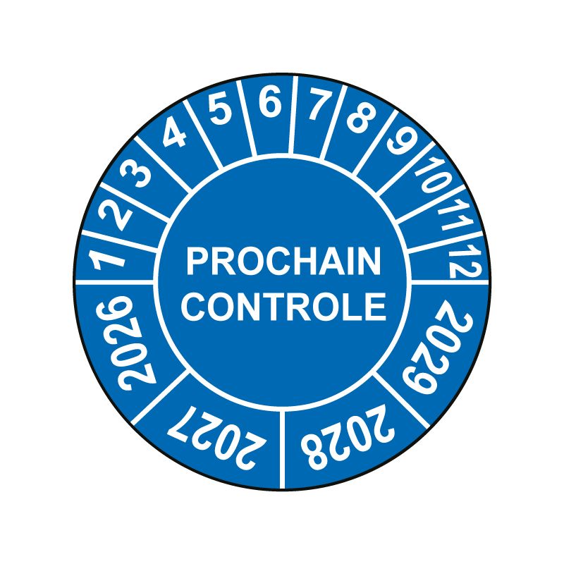 Pastille calendrier Ø15 à 50mm - PROCHAIN CONTROLE - Fond Bleu - Années 2026 à 2029