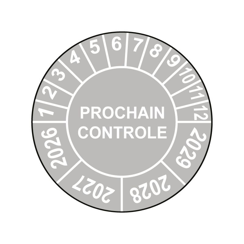 Pastille calendrier Ø15 à 50mm - PROCHAIN CONTROLE - Fond Gris - Années 2026 à 2029