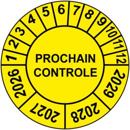 Pastille calendrier Ø15 à 50mm - PROCHAIN CONTROLE - Fond Jaune - Années 2026 à 2029