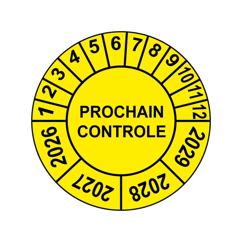Pastille calendrier Ø15 à 50mm - PROCHAIN CONTROLE - Fond Jaune - Années 2026 à 2029