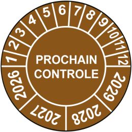 Pastille calendrier Ø15 à 50mm - PROCHAIN CONTROLE - Fond Marron - Années 2026 à 2029