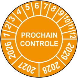 Pastille calendrier Ø15 à 50mm - PROCHAIN CONTROLE - Fond Orange - Années 2026 à 2029