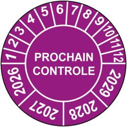 Pastille calendrier Ø15 à 50mm - PROCHAIN CONTROLE - Fond Violet - Années 2026 à 2029
