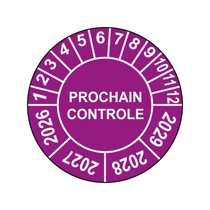Pastille calendrier Ø15 à 50mm - PROCHAIN CONTROLE - Fond Violet - Années 2026 à 2029