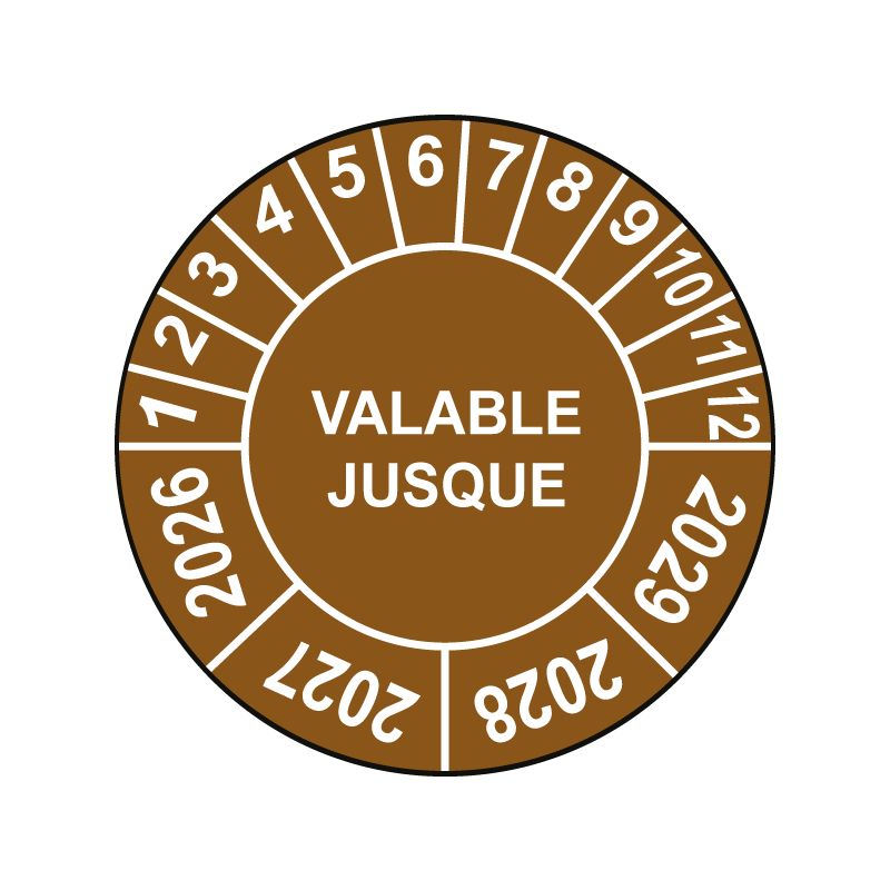 Pastille calendrier Ø15 à 50mm - VALABLE JUSQUE - Fond Marron - Années 2026 à 2029