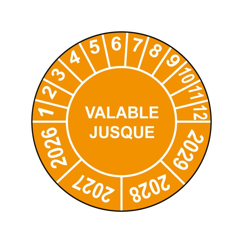 Pastille calendrier Ø15 à 50mm - VALABLE JUSQUE - Fond Orange - Années 2026 à 2029