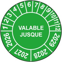 Pastille calendrier Ø15 à 50mm - VALABLE JUSQUE - Fond Vert - Années 2026 à 2029