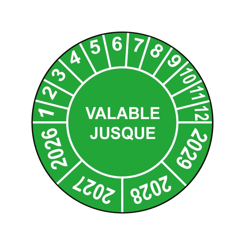 Pastille calendrier Ø15 à 50mm - VALABLE JUSQUE - Fond Vert - Années 2026 à 2029