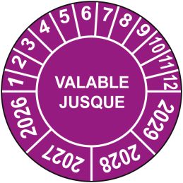 Pastille calendrier Ø15 à 50mm - VALABLE JUSQUE - Fond Violet - Années 2026 à 2029
