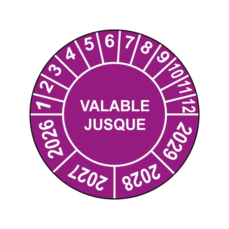Pastille calendrier Ø15 à 50mm - VALABLE JUSQUE - Fond Violet - Années 2026 à 2029