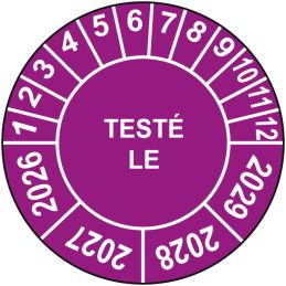 Pastille calendrier Ø15 à 50mm - TESTÉ LE - Fond Violet - Années 2026 à 2029