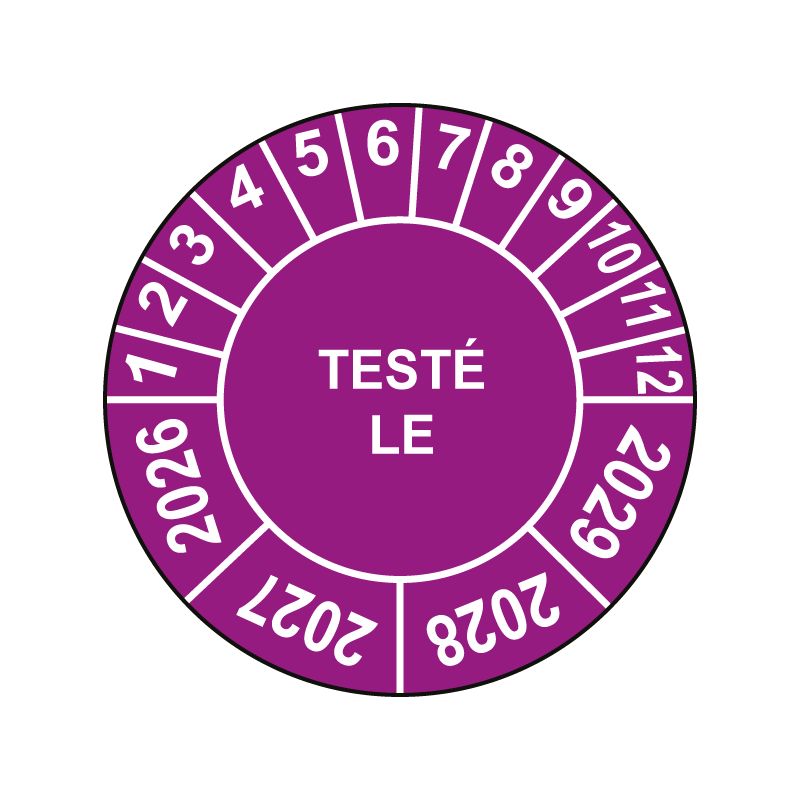Pastille calendrier Ø15 à 50mm - TESTÉ LE - Fond Violet - Années 2026 à 2029