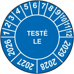 Pastille calendrier Ø15 à 50mm - TESTÉ LE - Fond Bleu - Années 2026 à 2029