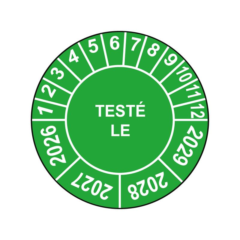 Pastille calendrier Ø15 à 50mm - TESTÉ LE - Fond Vert - Années 2026 à 2029